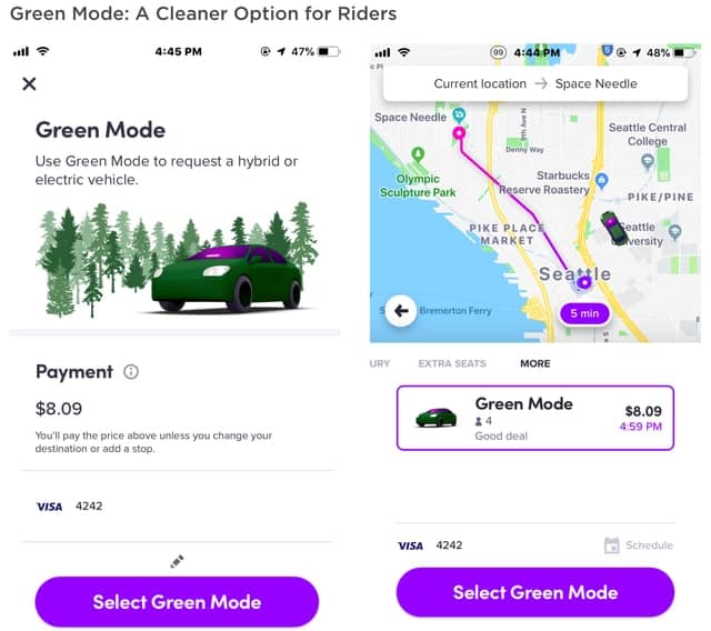 The Green Mode from the Lyft app