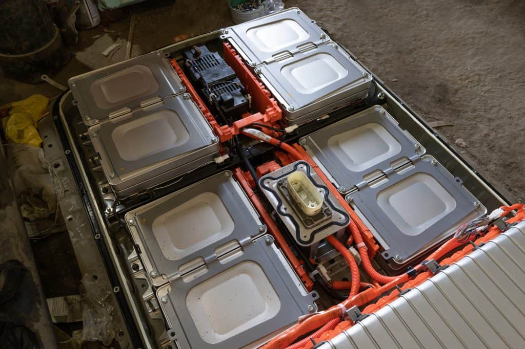 Demounted battery from electric car Nissan Leaf. Cells of high voltage battery from Kiev, Ukraine.