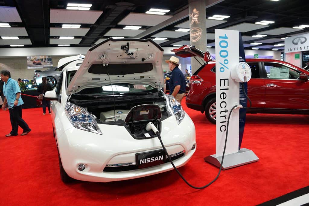 HONOLULU - MARCH 14, 2015: 100% Electric Nissan Leaf car on display at the Motor Show exhibition - 2015 First Hawaiian International Auto Show at the Convention Center in Oahu, Hawaii. March 14, 2015.