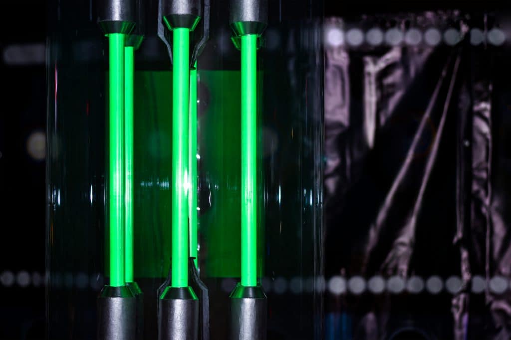 Green glowing neon lamps in the lab