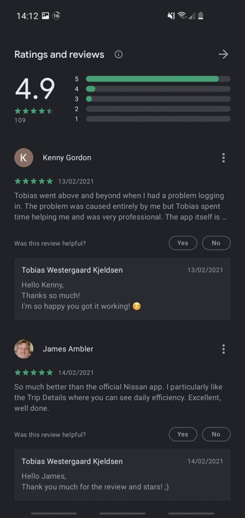 Reviews of the My Leaf app on the Google Play store