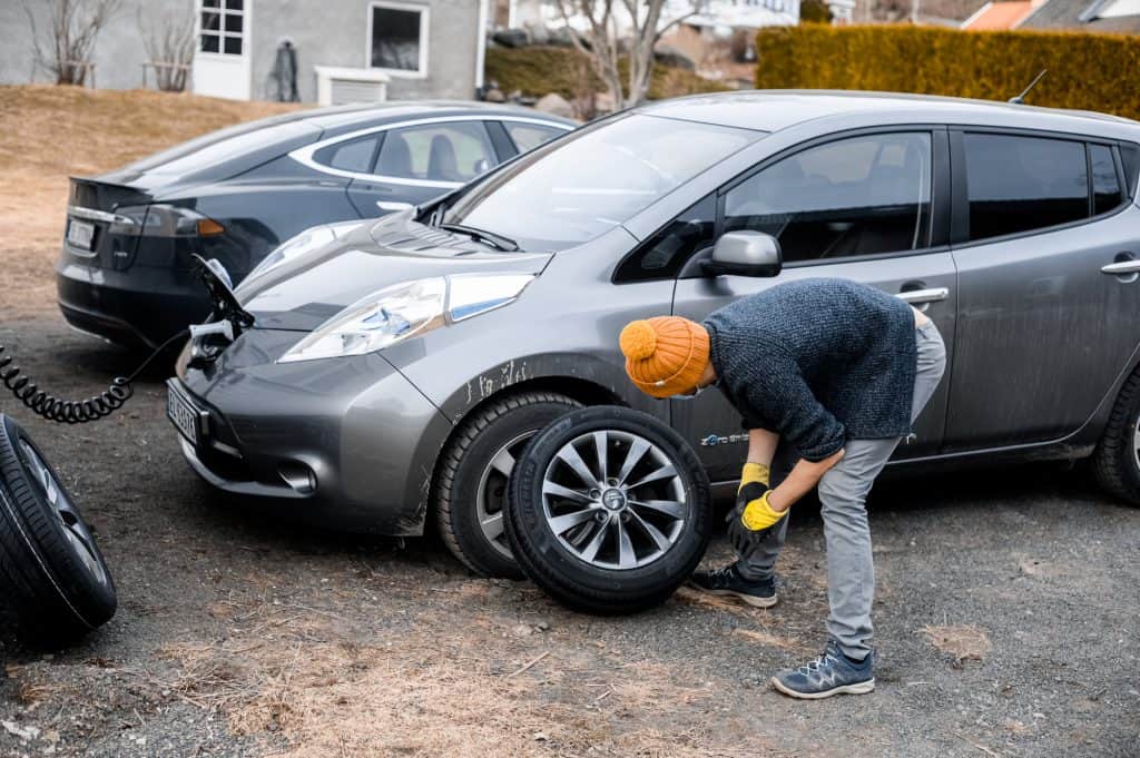 Nissan Leaf tire being changed