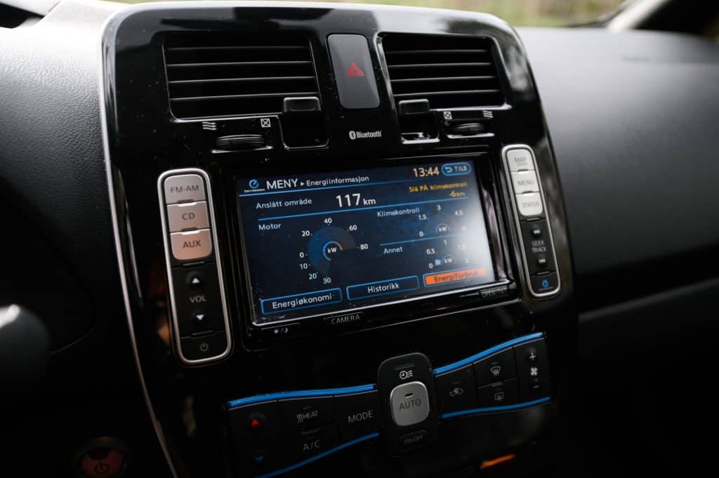 The Nissan Leaf cabin infotainment nav touch screen area