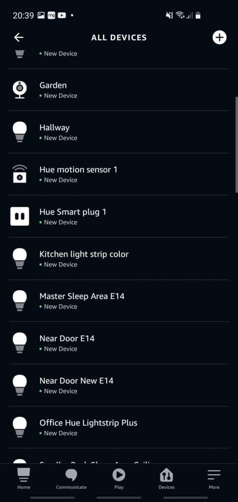 Various smart home devices listed within the Alexa app