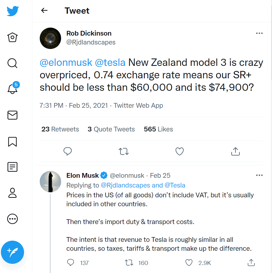 A screenshot from Twitter where Musk spoke to a New Zealand complainant