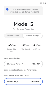 Estimated delivery dates on Tesla.com for the Tesla Model 3