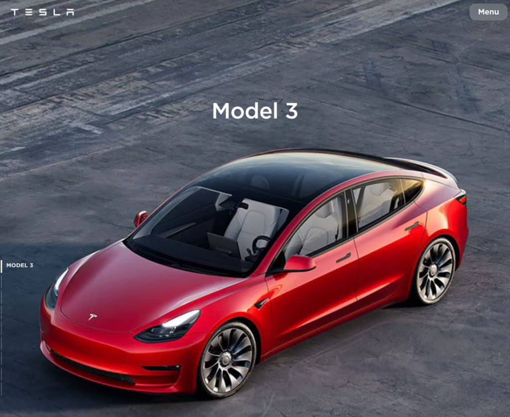 Screenshot from Tesla.com Model 3 in the UK