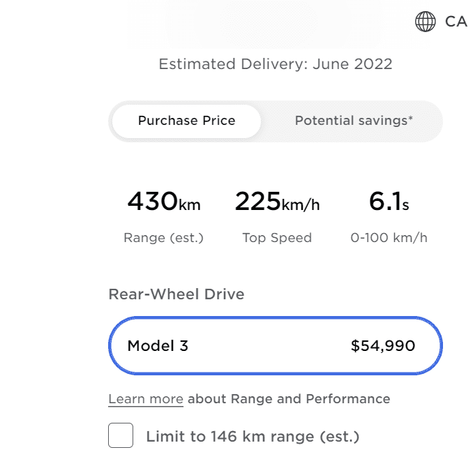 Tesla Model 3 price in Canada
