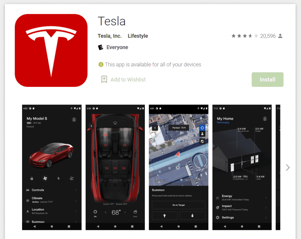 The Tesla android app on the Google Play store