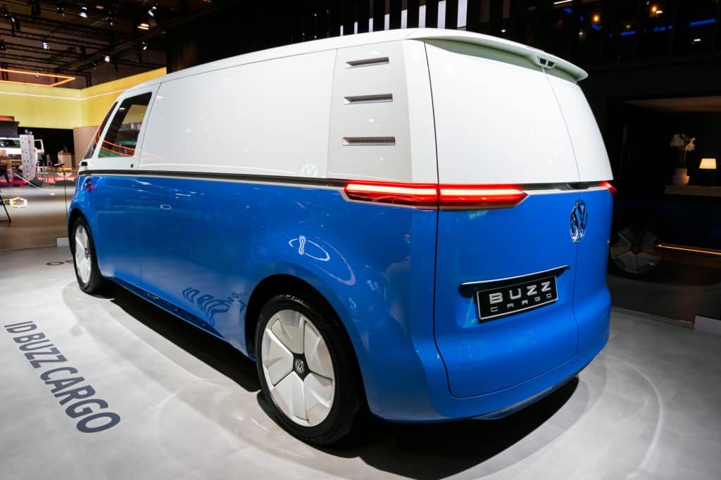 The VW ID Buzz Cargo van showcased at the Brussels Autosalon motor show 2020