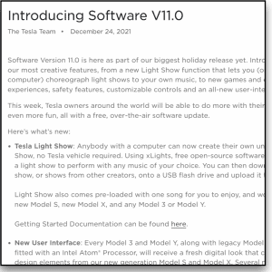 Tesla blog screenshot covering the new V11 software update