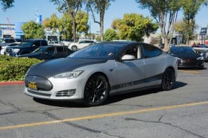 A 2014 Tesla Model S at the Supercar Sunday Electric Vehicles in Woodland Hills CA