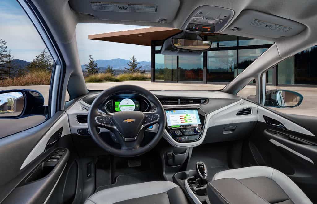 The cabin and dash view of the 2020 Chevy Bolt