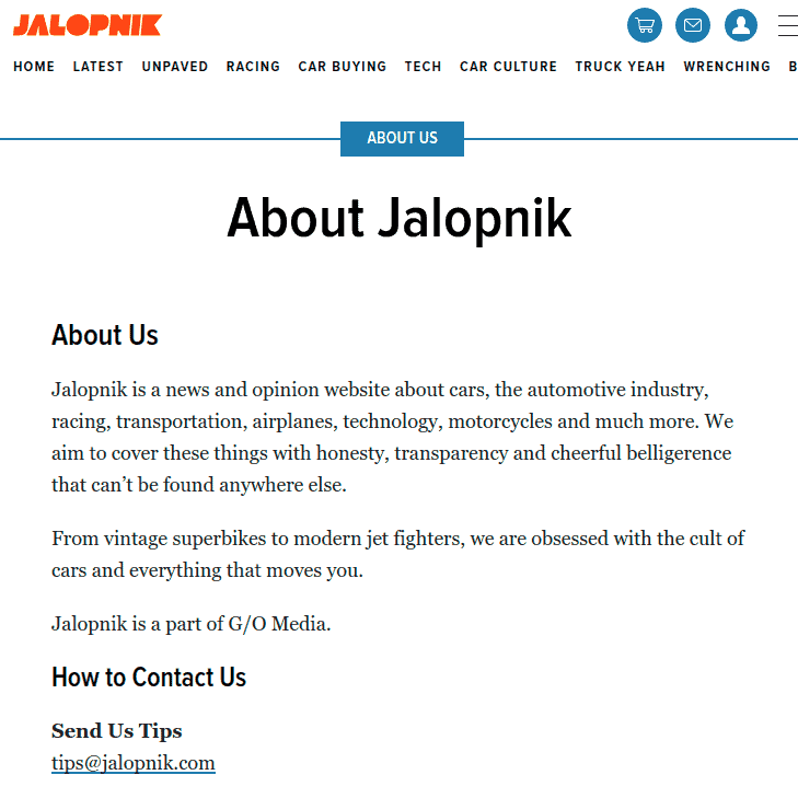 A screenshot of the about Jalopnik webpage