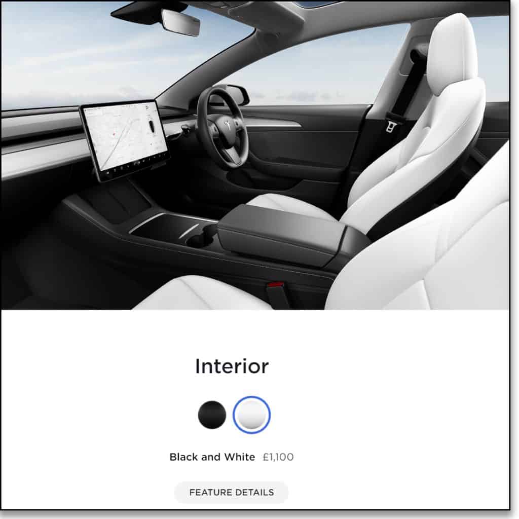 The Black and White Tesla interior option on the Tesla website