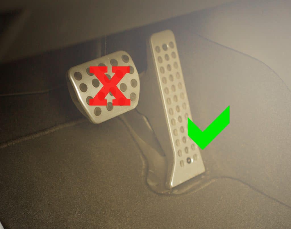 The brake pedal is crossed out and the accelerator pedal has a tick next to it