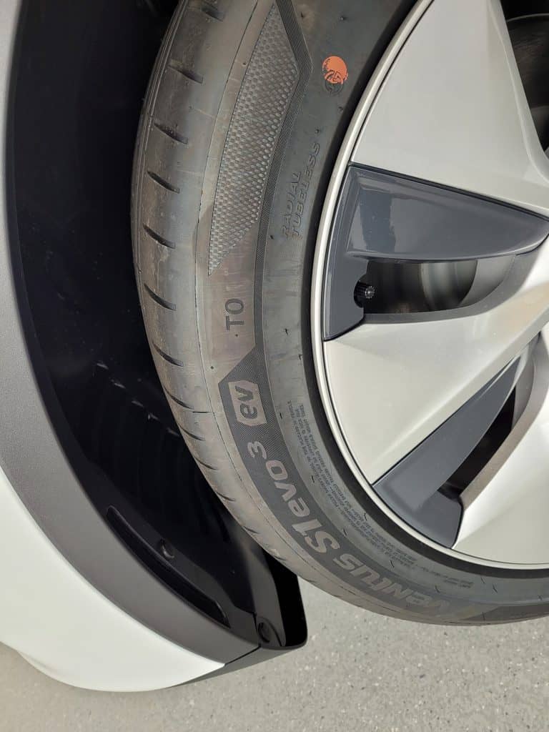 A Tesla Model 3 wheel with EV specific tire tyre from Hankook the Ventus S1 evo 3 ev