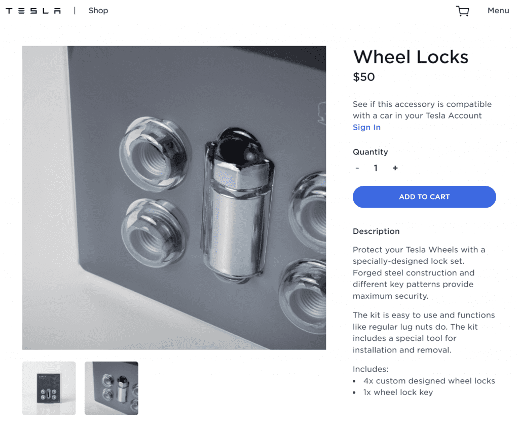 A screenshot from the Tesla shop showing the wheel locks option