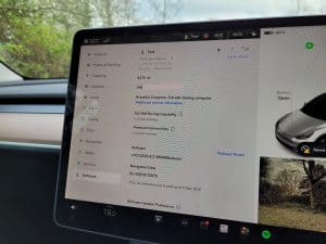 The software and package options screen on the screen of a Tesla Model Y