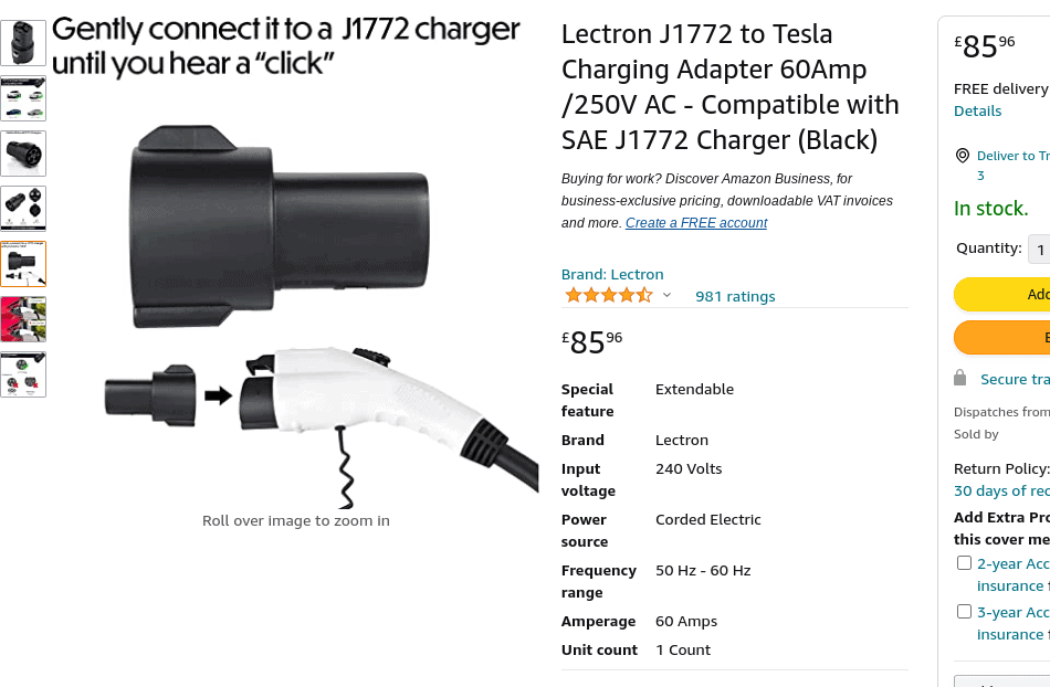 Screenshot from Amazon of the Lectron J1772 Tesla adapater