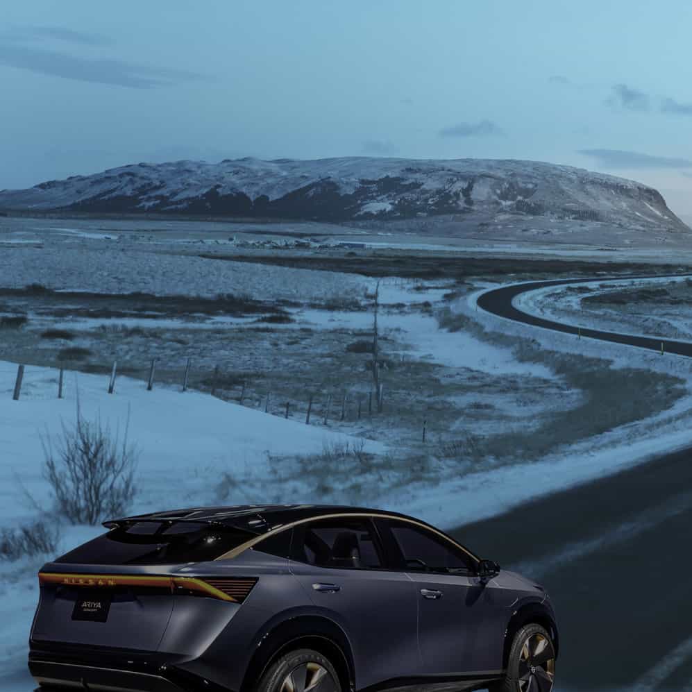 The Nissan Ariya on a wintery road